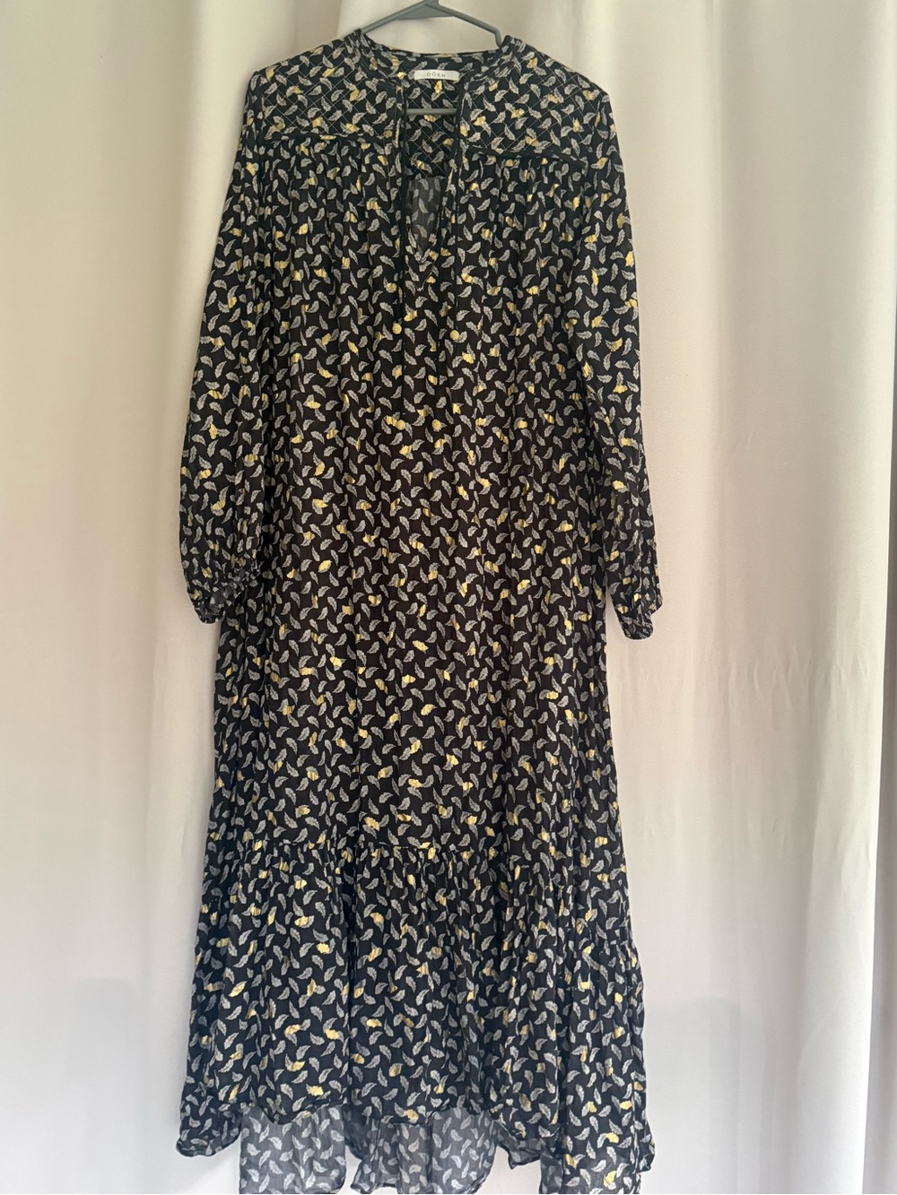 DÔEN Organic Cotton Leaf Print Midi Dress | Size Large | Gauzy | Quilted Yoke